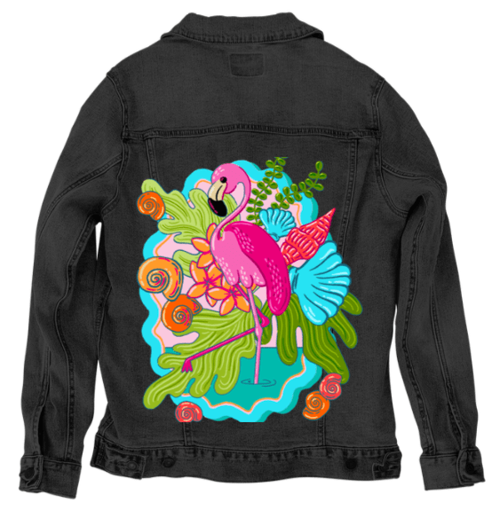 TROPICAL PARADISE FLAMINGO by IndySign, printed on denim jackets and other denim products: tote bags, throw pillows, table place mats, aprons