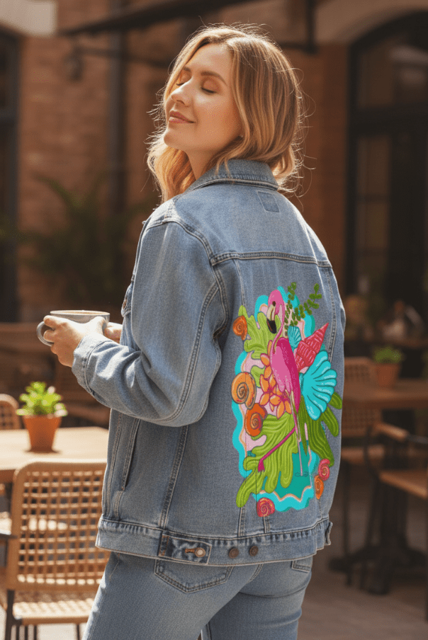 TROPICAL PARADISE FLAMINGO by IndySign, printed on denim jackets and other denim products: tote bags, throw pillows, table place mats, aprons