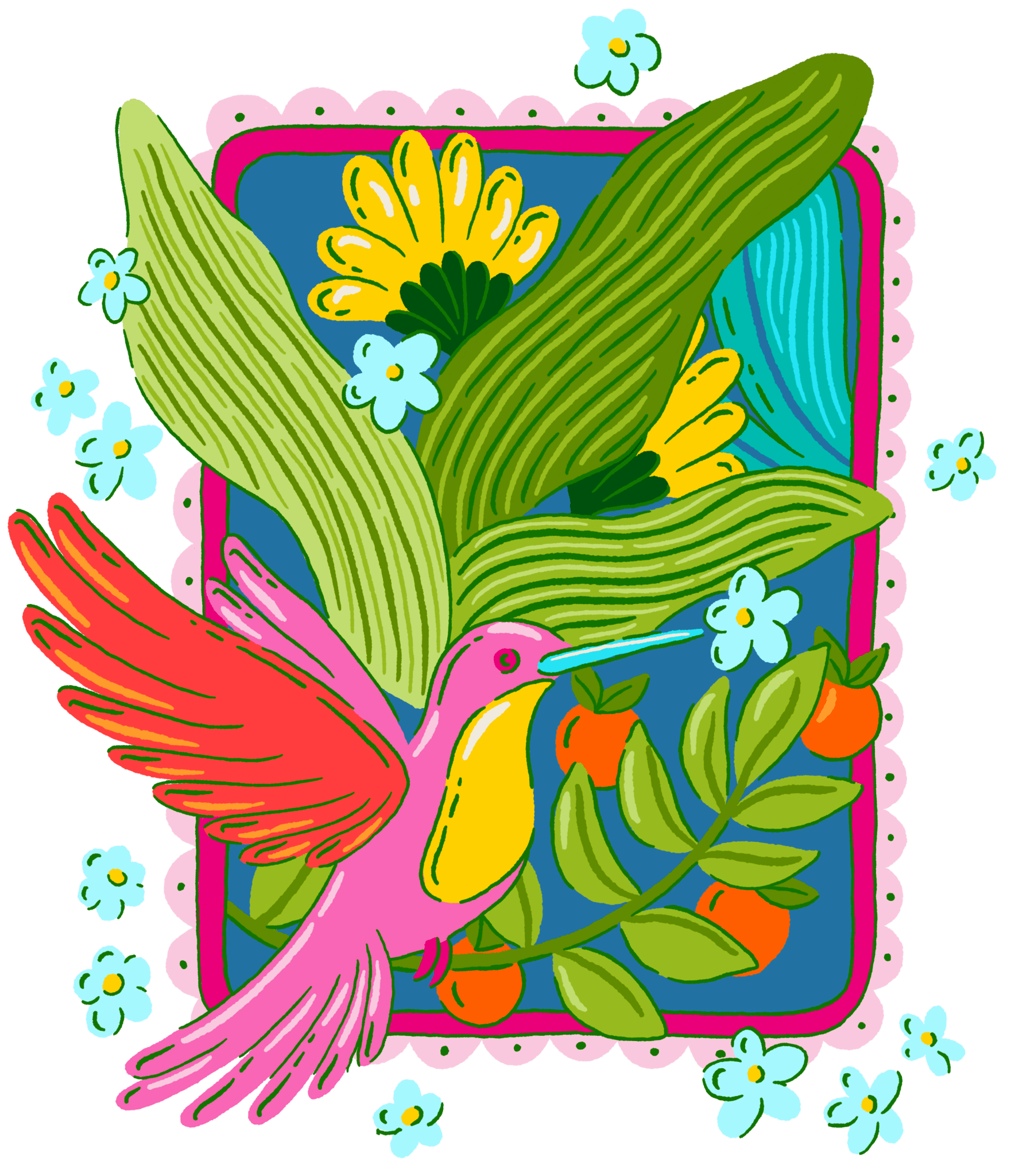 TROPICAL PARADISE HUMMINGBIRD by IndySign, printed on denim jackets and other denim products: tote bags, throw pillows, table place mats, aprons