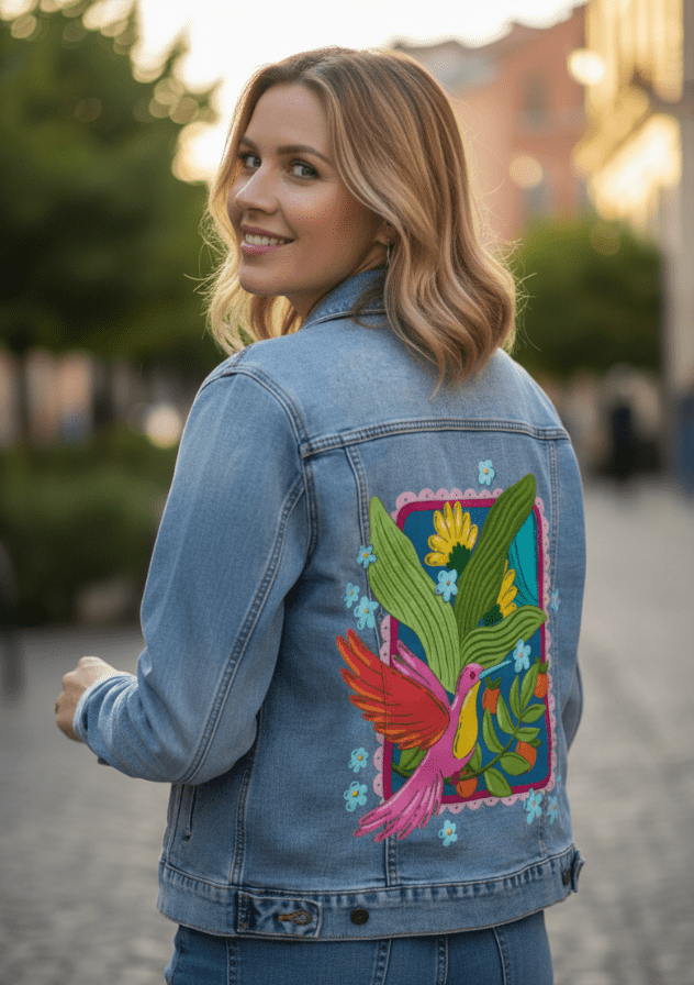 TROPICAL PARADISE HUMMINGBIRD by IndySign, printed on denim jackets and other denim products: tote bags, throw pillows, table place mats, aprons