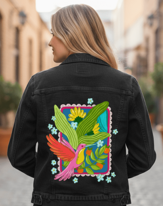 TROPICAL PARADISE HUMMINGBIRD by IndySign, printed on denim jackets and other denim products: tote bags, throw pillows, table place mats, aprons