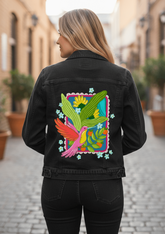 TROPICAL PARADISE HUMMINGBIRD by IndySign, printed on denim jackets and other denim products: tote bags, throw pillows, table place mats, aprons