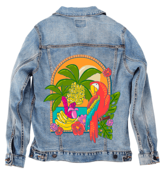 TROPICAL PARADISE PARROT by IndySign, printed on denim jackets and other denim products: tote bags, throw pillows, table place mats, aprons