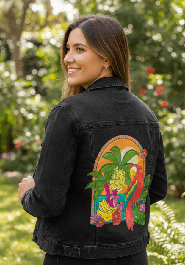 TROPICAL PARADISE PARROT by IndySign, printed on denim jackets and other denim products: tote bags, throw pillows, table place mats, aprons