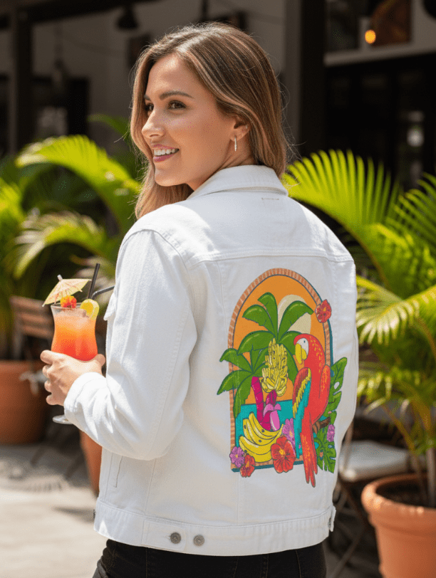 TROPICAL PARADISE PARROT by IndySign, printed on denim jackets and other denim products: tote bags, throw pillows, table place mats, aprons