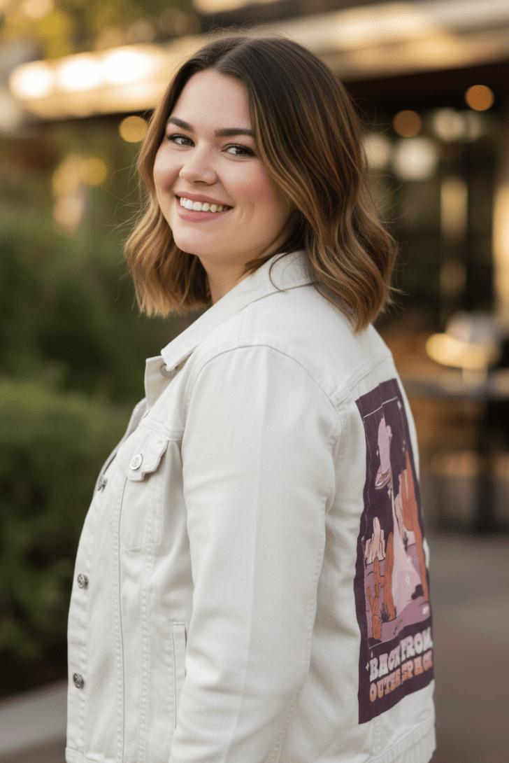 UFO SPACE PURPLE by KITSCH AND CURATE, printed on denim jackets and other denim products: tote bags, throw pillows, table place mats, aprons