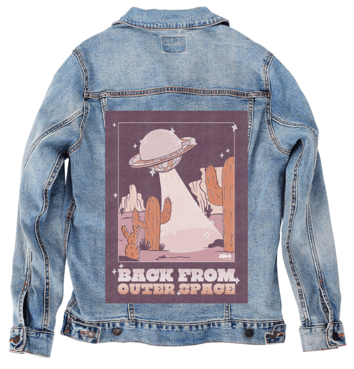 UFO SPACE PURPLE by KITSCH AND CURATE, printed on denim jackets and other denim products: tote bags, throw pillows, table place mats, aprons