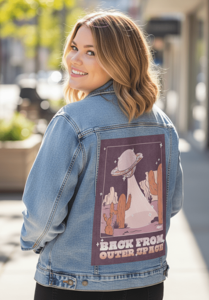 UFO SPACE PURPLE by KITSCH AND CURATE, printed on denim jackets and other denim products: tote bags, throw pillows, table place mats, aprons