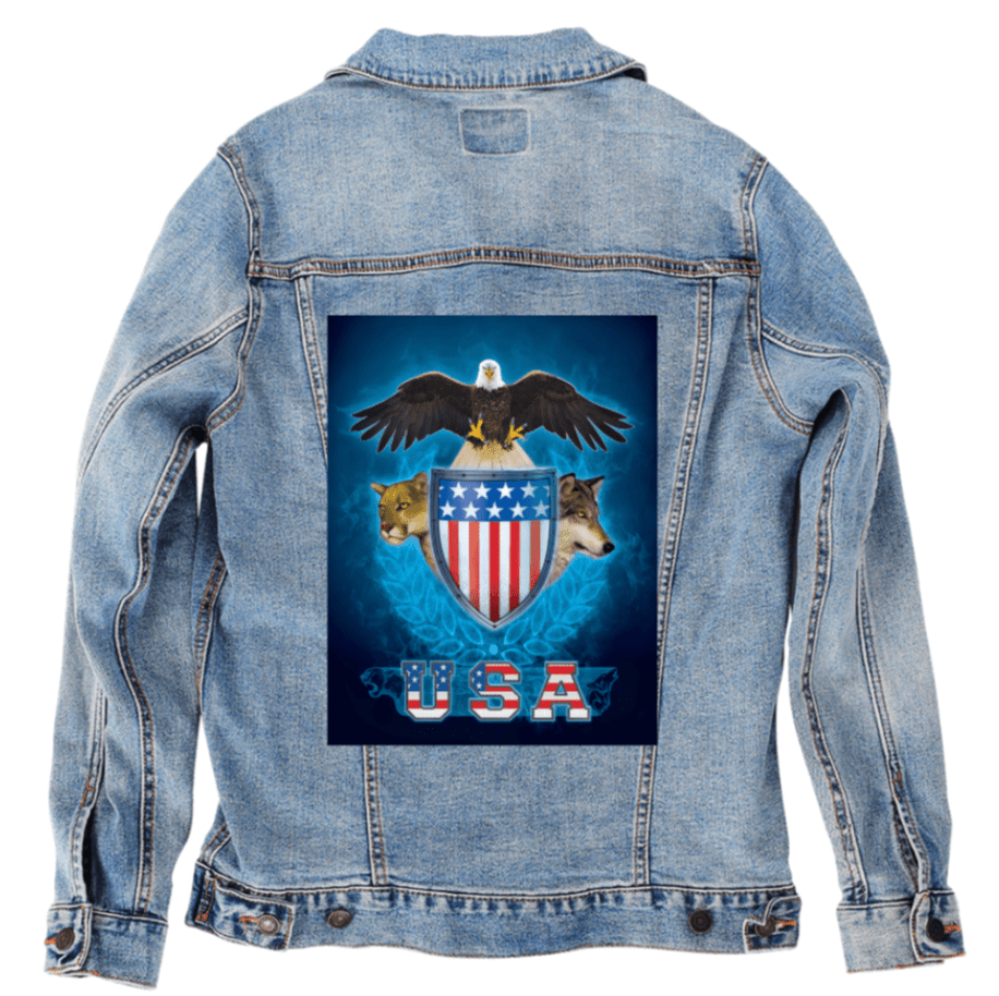 USA TRINITY by VINCENT HIE, printed on denim jackets and other denim products: tote bags, throw pillows, table place mats, aprons