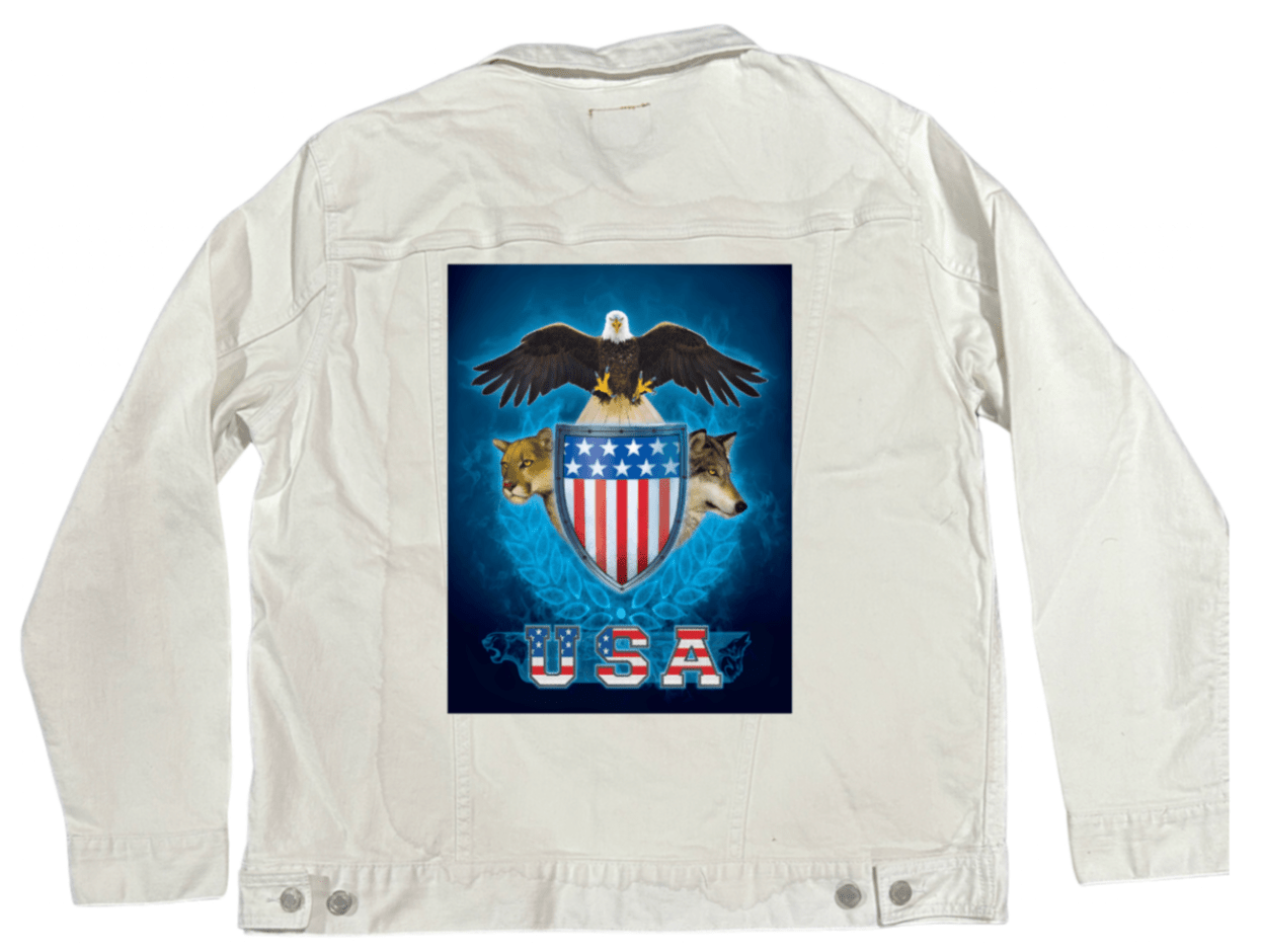 USA TRINITY by VINCENT HIE, printed on denim jackets and other denim products: tote bags, throw pillows, table place mats, aprons