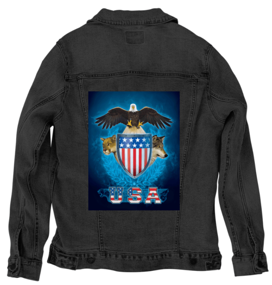 USA TRINITY by VINCENT HIE, printed on denim jackets and other denim products: tote bags, throw pillows, table place mats, aprons