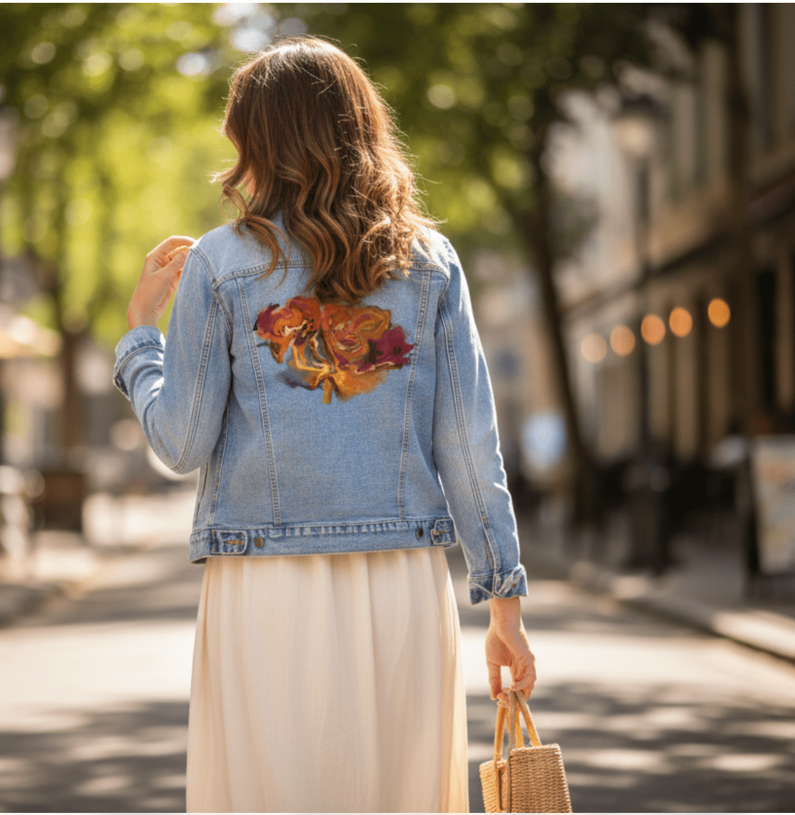 VIBRANT FLOWER by RaMir DESIGNS, printed on denim jackets and other denim products: tote bags, throw pillows, table place mats, aprons