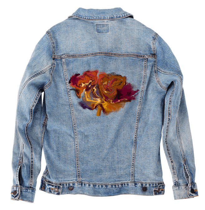 VIBRANT FLOWER by RaMir DESIGNS, printed on denim jackets and other denim products: tote bags, throw pillows, table place mats, aprons