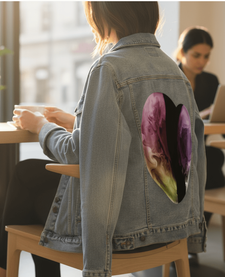 VIBRANT HEART by RaMir DESIGNS,printed by DenimINK on hand-crafted Denim Jackets and other denim products and other denim products: tote bags, throw pillows, table place mats, aprons