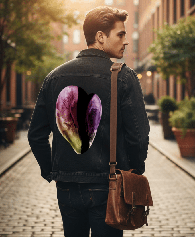 VIBRANT HEART by RaMir DESIGNS,printed by DenimINK on hand-crafted Denim Jackets and other denim products and other denim products: tote bags, throw pillows, table place mats, aprons