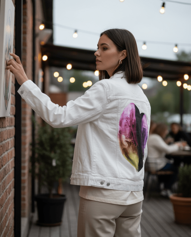 VIBRANT HEART by RaMir DESIGNS,printed by DenimINK on hand-crafted Denim Jackets and other denim products and other denim products: tote bags, throw pillows, table place mats, aprons