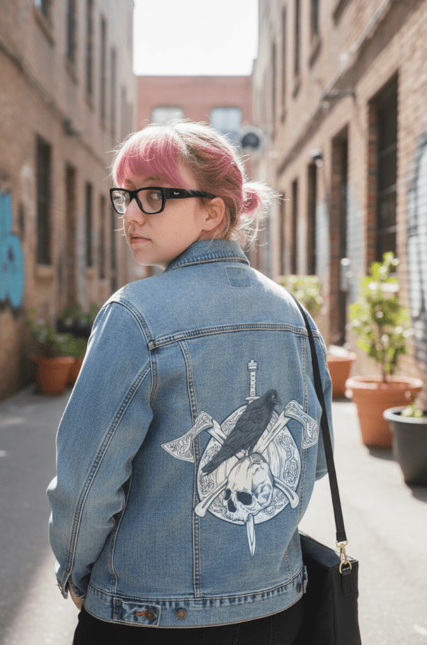 VIKINGS SHIELD by JESS ADAMS, digitally printed on DENIM products: throw pillows, aprons, table place mats, and hand-crafted Unisex Denim Jackets in 3 color choices