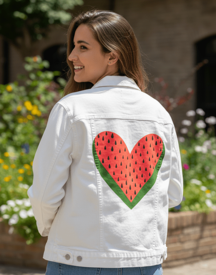 WATERMELON HEART by HEND SHEHATA, printed on denim jackets and other denim products: tote bags, throw pillows, table place mats, aprons
