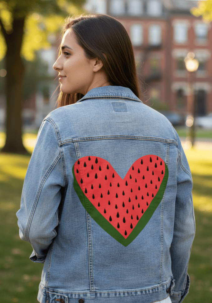 WATERMELON HEART by HEND SHEHATA, printed on denim jackets and other denim products: tote bags, throw pillows, table place mats, aprons