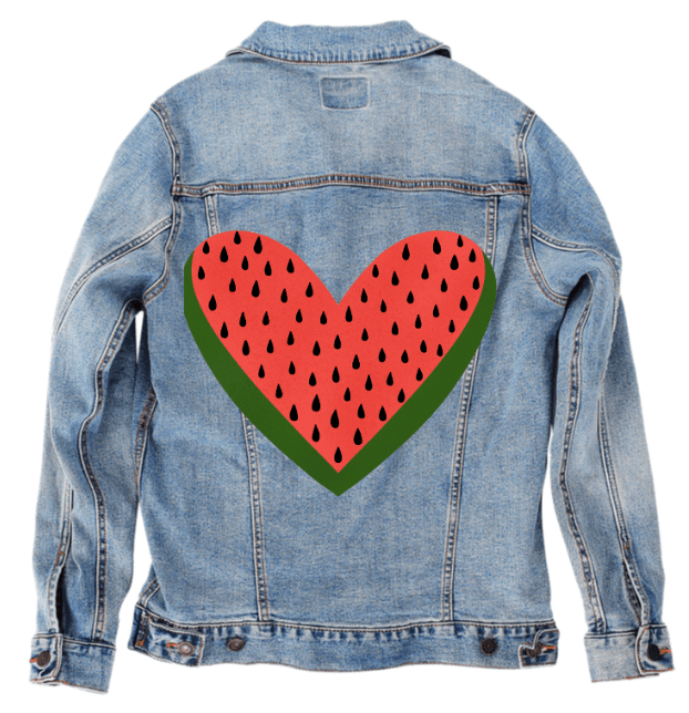 WATERMELON HEART by HEND SHEHATA, printed on denim jackets and other denim products: tote bags, throw pillows, table place mats, aprons