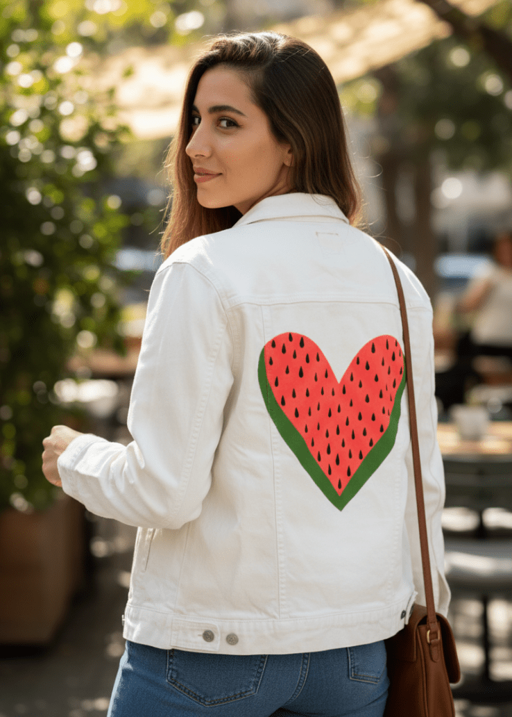 WATERMELON HEART by HEND SHEHATA, printed on denim jackets and other denim products: tote bags, throw pillows, table place mats, aprons
