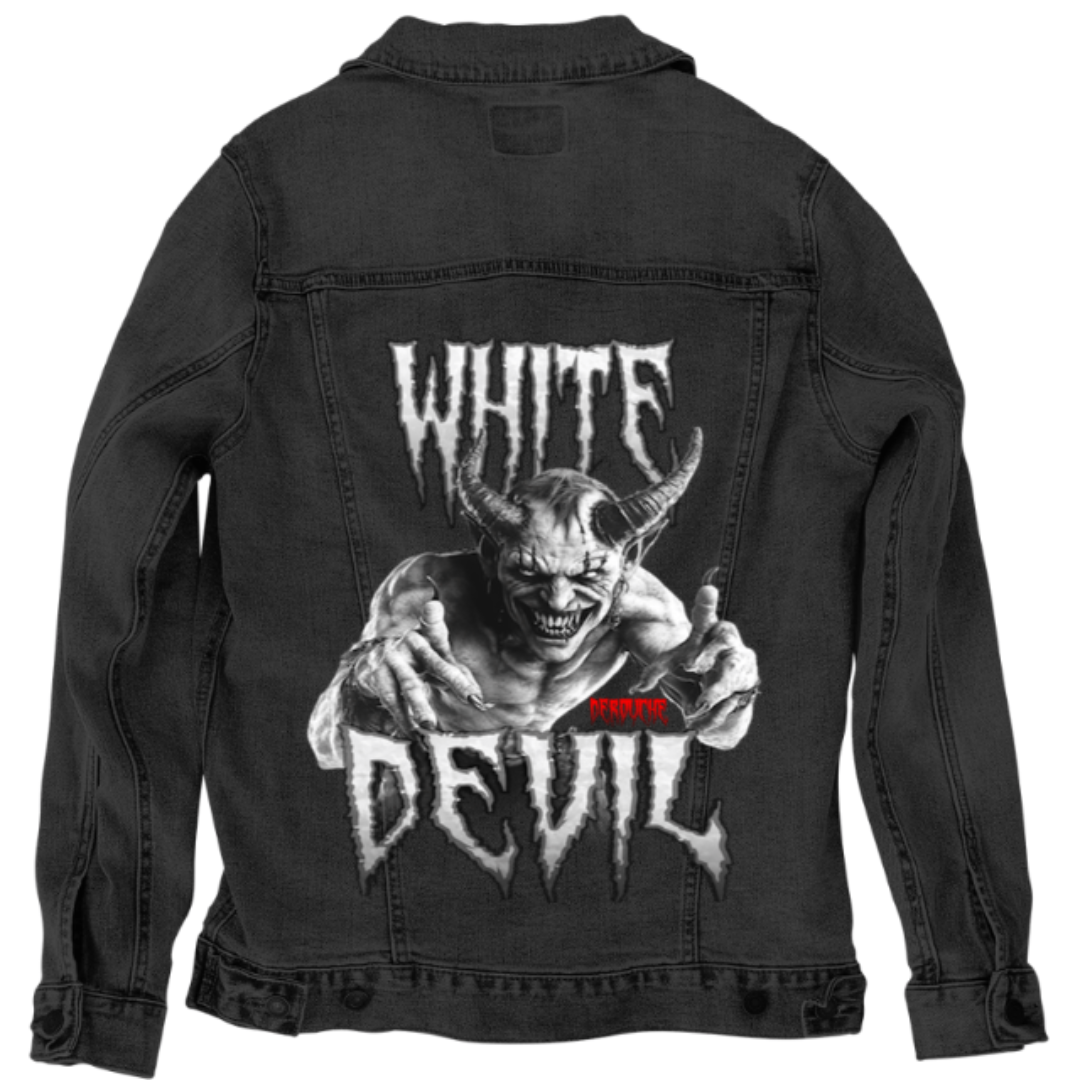 back view of a black denim jacket mockup featuring a digitally printed design of a sa menacing horned demon creature lunging forward with outstretched clawed hands in an aggressive pose. The demon features prominent curved horns, sharp fangs in a snarling expression, muscular anatomy, and textured skin rendered in dramatic black and white contrast.
WHITE DEVIL by DeROUCHE DESIGNS, is digitally printed on the jacket’s back panel by DenimINK.