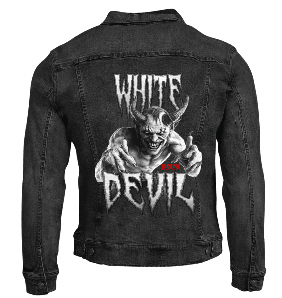 WHITE DEVIL by DeROUCHE DESIGNS custom denim jacket by DenimINK