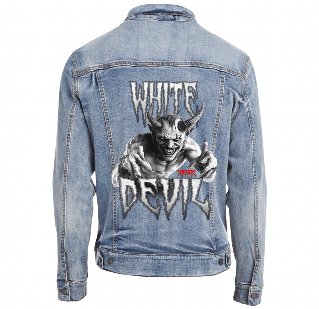 WHITE DEVIL by DeROUCHE DESIGNS custom denim jacket by DenimINK