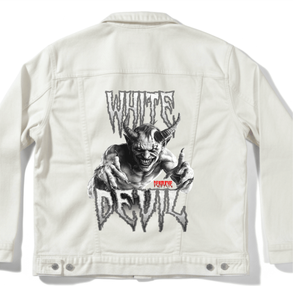 WHITE DEVIL by DeROUCHE DESIGNS custom denim jacket by DenimINK