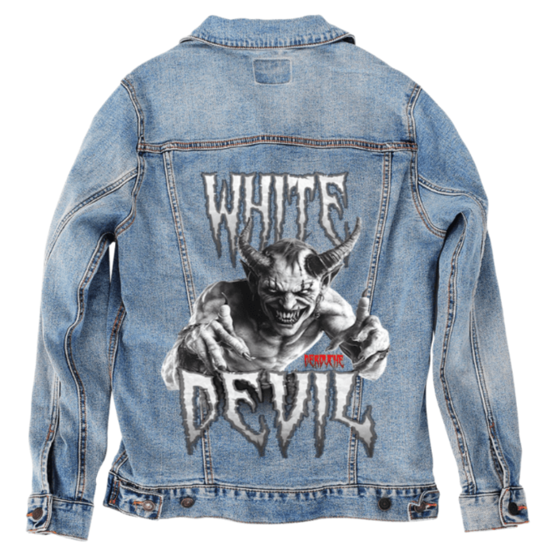 back view of a stonewashed denim jacket mockup featuring a digitally printed design of a sa menacing horned demon creature lunging forward with outstretched clawed hands in an aggressive pose. The demon features prominent curved horns, sharp fangs in a snarling expression, muscular anatomy, and textured skin rendered in dramatic black and white contrast.
WHITE DEVIL by DeROUCHE DESIGNS, is digitally printed on the jacket’s back panel by DenimINK.