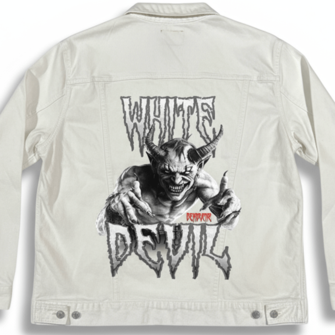 back view of a white denim jacket featuring a gentle safari-themed design of a white elephant nestled among stylized botanicals in pastel lavender, pale gold, ivory & mossy green. the soft contrast between the flora & fauna gives the artwork a quiet, organic feel. the artwork WHITE DEVIL by DeROUCHE DESIGNS, is digitally printed on the jacket’s back panel by DenimINK.