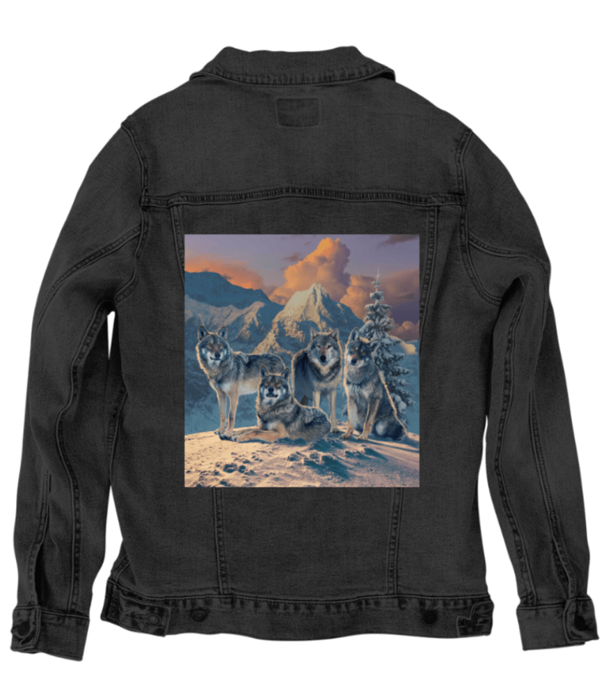 WOLF PACK by VINCENT HIE, printed on denim jackets and other denim products: tote bags, throw pillows, table place mats, aprons