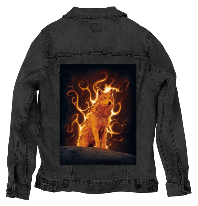 WOLF PACK PHOENIX by VINCENT HIE, printed on denim jackets and other denim products: tote bags, throw pillows, table place mats, aprons