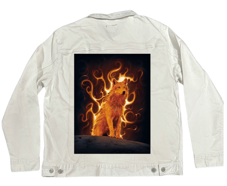 WOLF PACK PHOENIX by VINCENT HIE, printed on denim jackets and other denim products: tote bags, throw pillows, table place mats, aprons