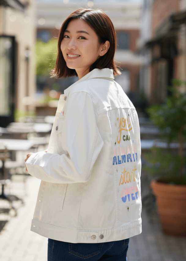 YOU CAN ALWAYS START OVER by thearticsoul,printed by DenimINK on hand-crafted Denim Jackets and other denim products and other denim products: tote bags, throw pillows, table place mats, aprons