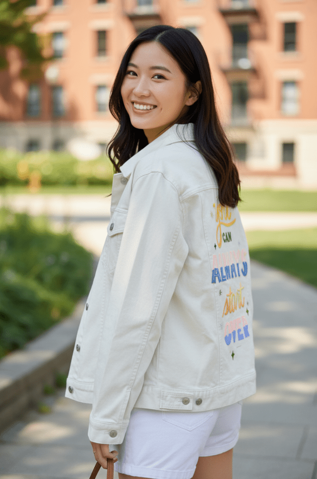 YOU CAN ALWAYS START OVER by thearticsoul,printed by DenimINK on hand-crafted Denim Jackets and other denim products and other denim products: tote bags, throw pillows, table place mats, aprons