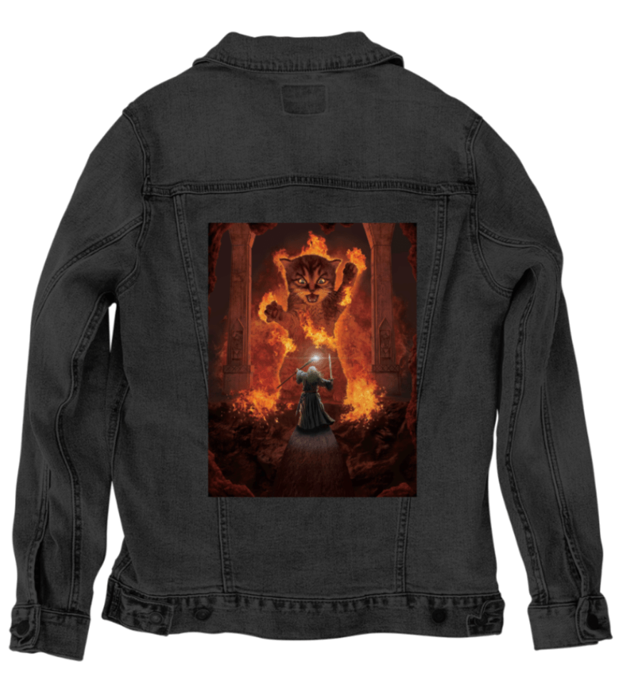 YOU SHALL NOT PASS! by VINCENT HIE, printed on denim jackets and other denim products: tote bags, throw pillows, table place mats, aprons