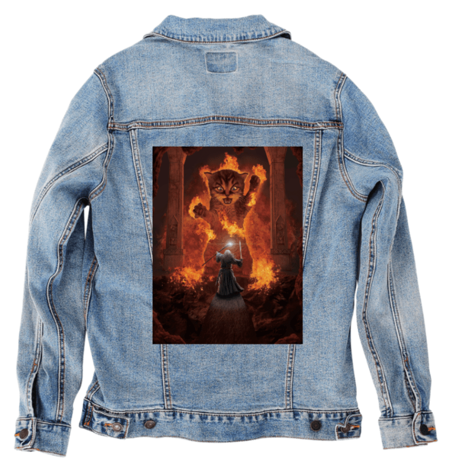YOU SHALL NOT PASS! by VINCENT HIE, printed on denim jackets and other denim products: tote bags, throw pillows, table place mats, aprons