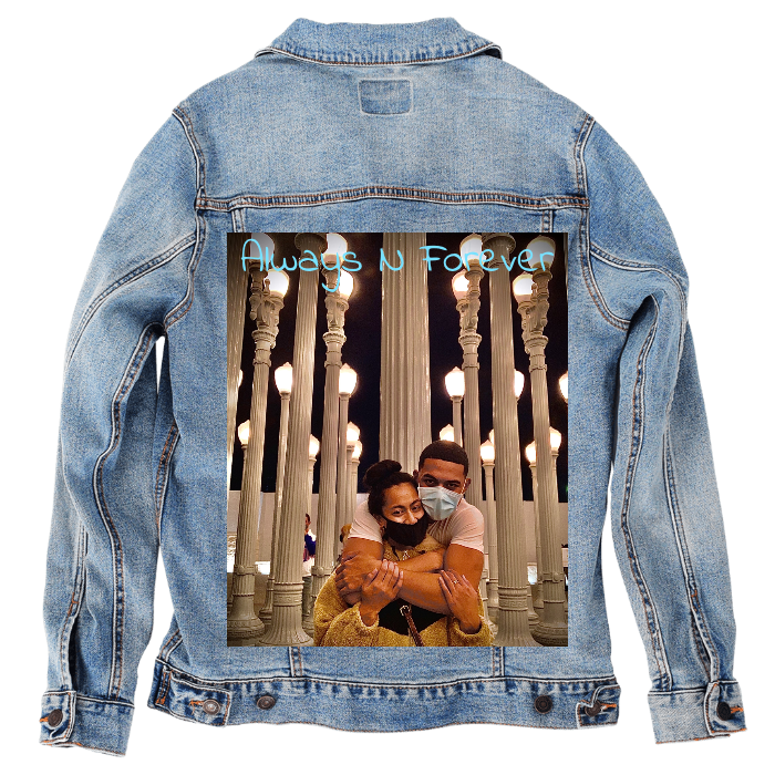 Customer Designed Custom Denim Jacket (hand-crafted) with 3 color choices of jacket: Stonewash, White, or Black. Unisex XS S M L XL 2X 3X. USA hand-crafted and USA digitally printed. Ships free within the USA & also ships Internationally.