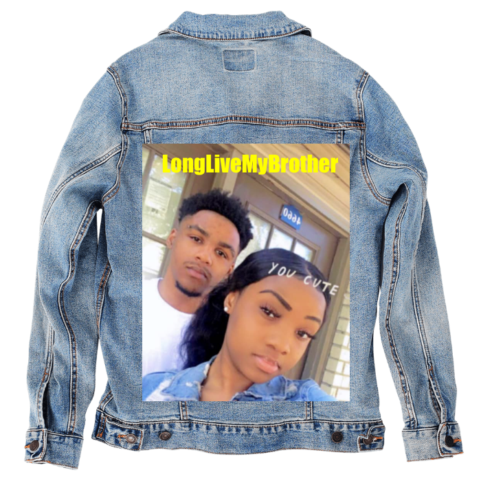 Customer Designed Custom Denim Jacket (hand-crafted) with 3 color choices of jacket: Stonewash, White, or Black. Unisex XS S M L XL 2X 3X. USA hand-crafted and USA digitally printed. Ships free within the USA & also ships Internationally.