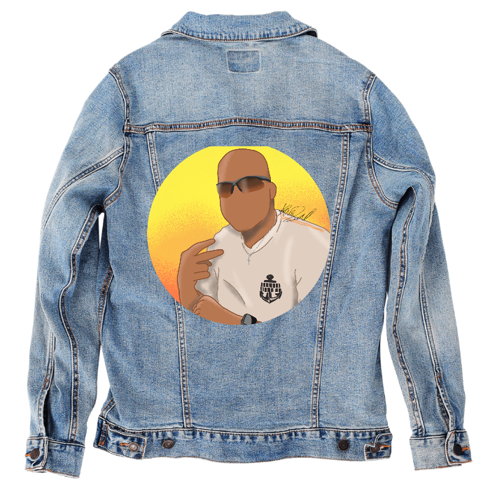Customer Designed Custom Denim Jacket (hand-crafted) with 3 color choices of jacket: Stonewash, White, or Black. Unisex XS S M L XL 2X 3X. USA hand-crafted and USA digitally printed. Ships free within the USA & also ships Internationally.