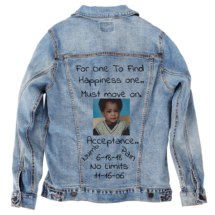 Customer Designed Custom Denim Jacket (hand-crafted) with 3 color choices of jacket: Stonewash, White, or Black. Unisex XS S M L XL 2X 3X. USA hand-crafted and USA digitally printed. Ships free within the USA & also ships Internationally.
