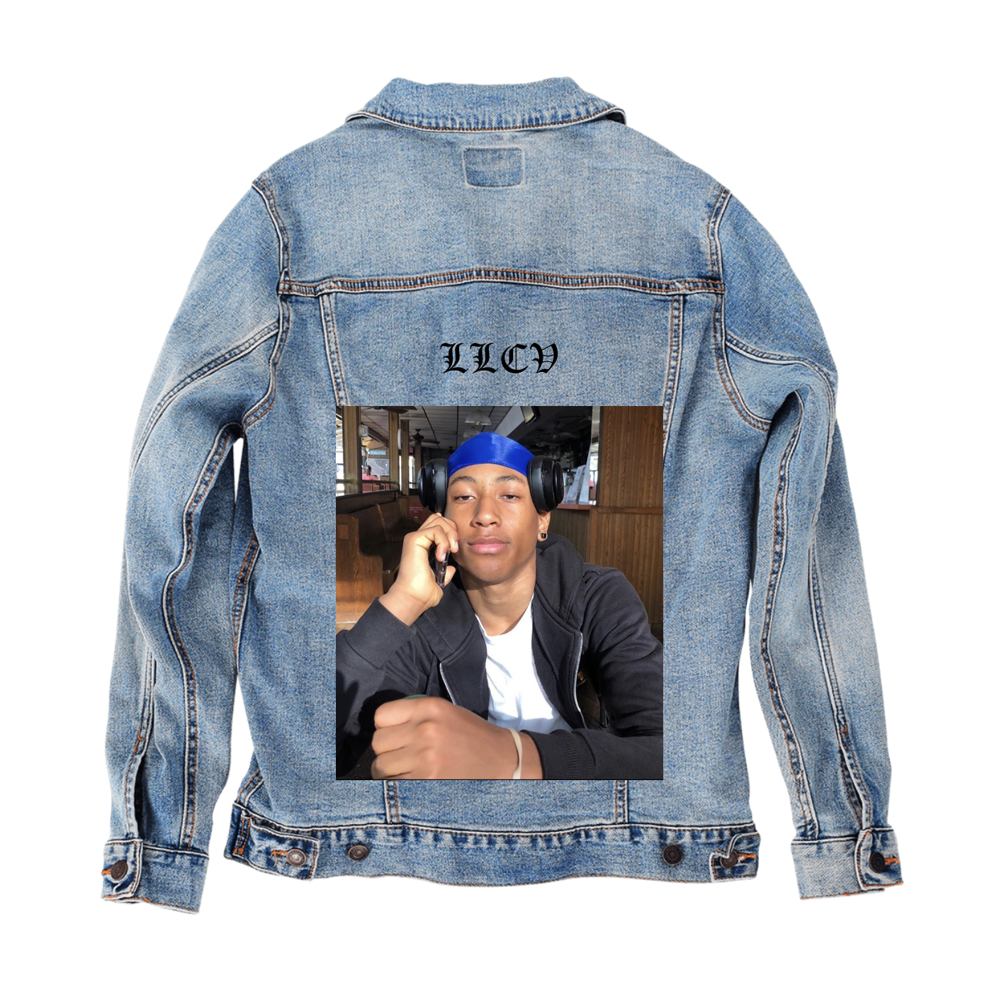 Customer Designed Custom Denim Jacket (hand-crafted) with 3 color choices of jacket: Stonewash, White, or Black. Unisex XS S M L XL 2X 3X. USA hand-crafted and USA digitally printed. Ships free within the USA & also ships Internationally.