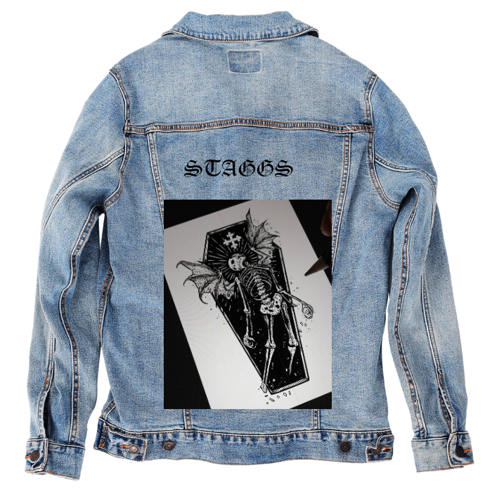Customer Designed Custom Denim Jacket (hand-crafted) with 3 color choices of jacket: Stonewash, White, or Black. Unisex XS S M L XL 2X 3X. USA hand-crafted and USA digitally printed. Ships free within the USA & also ships Internationally.