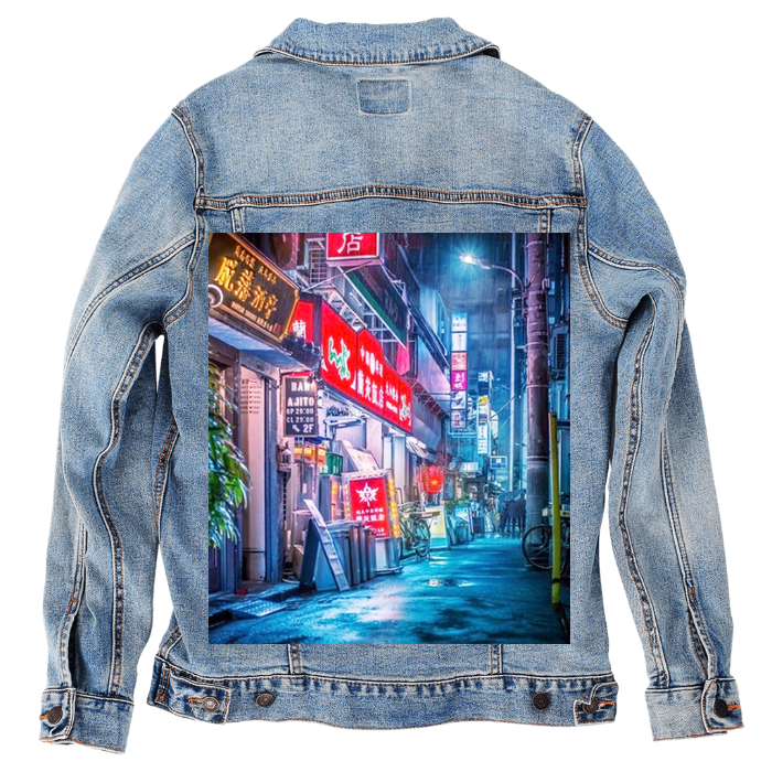 Customer Designed Custom Denim Jacket (hand-crafted) with 3 color choices of jacket: Stonewash, White, or Black. Unisex XS S M L XL 2X 3X. USA hand-crafted and USA digitally printed. Ships free within the USA & also ships Internationally.
