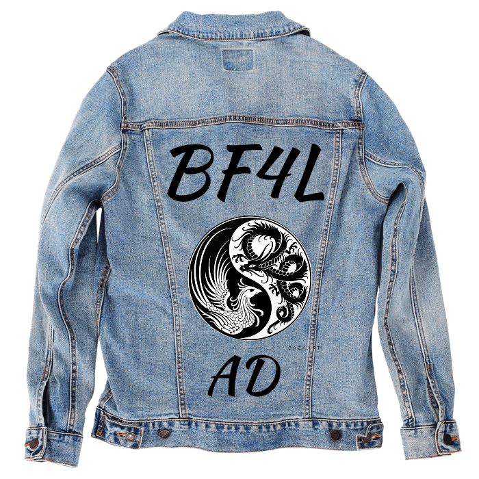 Customer Designed Custom Denim Jacket (hand-crafted) with 3 color choices of jacket: Stonewash, White, or Black. Unisex XS S M L XL 2X 3X. USA hand-crafted and USA digitally printed. Ships free within the USA & also ships Internationally.