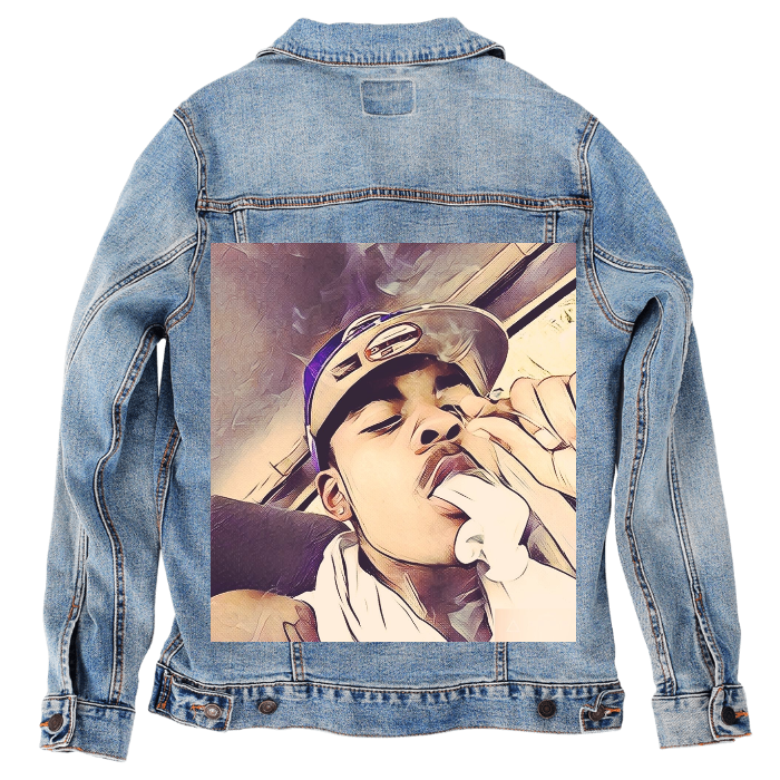 Customer Designed Custom Denim Jacket (hand-crafted) with 3 color choices of jacket: Stonewash, White, or Black. Unisex XS S M L XL 2X 3X. USA hand-crafted and USA digitally printed. Ships free within the USA & also ships Internationally.