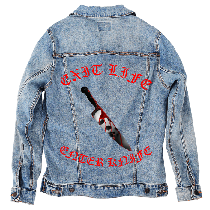 Customer Designed Custom Denim Jacket (hand-crafted) with 3 color choices of jacket: Stonewash, White, or Black. Unisex XS S M L XL 2X 3X. USA hand-crafted and USA digitally printed. Ships free within the USA & also ships Internationally.