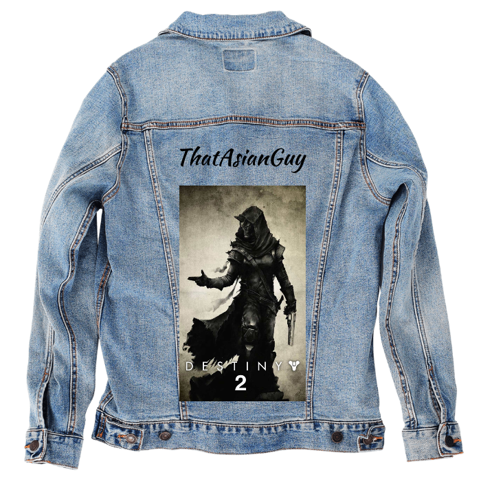 Customer Designed Custom Denim Jacket (hand-crafted) with 3 color choices of jacket: Stonewash, White, or Black. Unisex XS S M L XL 2X 3X. USA hand-crafted and USA digitally printed. Ships free within the USA & also ships Internationally.
