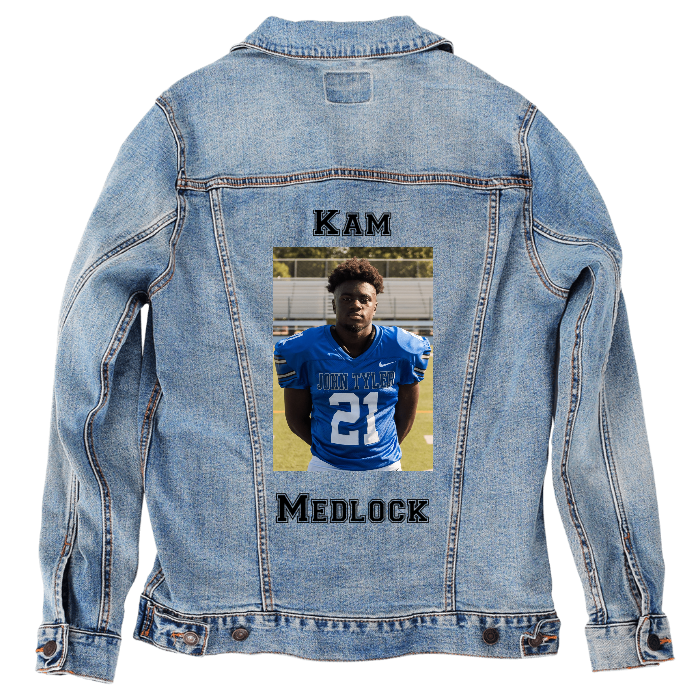 Customer Designed Custom Denim Jacket (hand-crafted) with 3 color choices of jacket: Stonewash, White, or Black. Unisex XS S M L XL 2X 3X. USA hand-crafted and USA digitally printed. Ships free within the USA & also ships Internationally.
